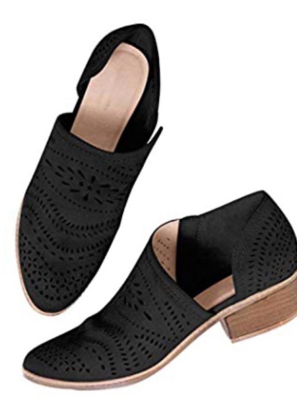Ankle booties with side cut out Perforated Low Block Heel Mules